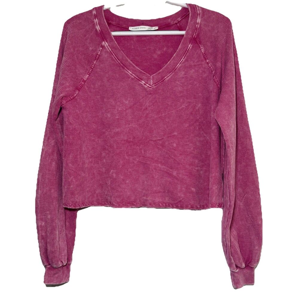 Altar’d State Medium Pink Waffle Knit Thermal Crop Top V Neck Long Sleeve